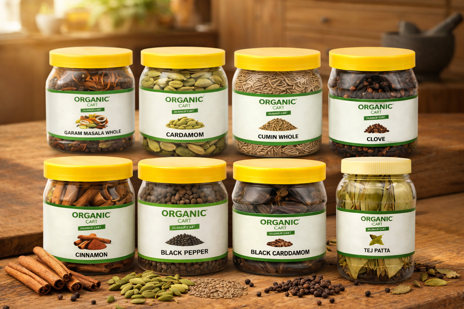 Organic Cart Whole Spice Combo (8 Spices - 700G) – Garam Masala, Cardamom, Cumin, Clove, Cinnamon, Black Pepper, Black Cardamom, Bay Leaf | Premium Whole Spices for Daily Cooking | Value Pack