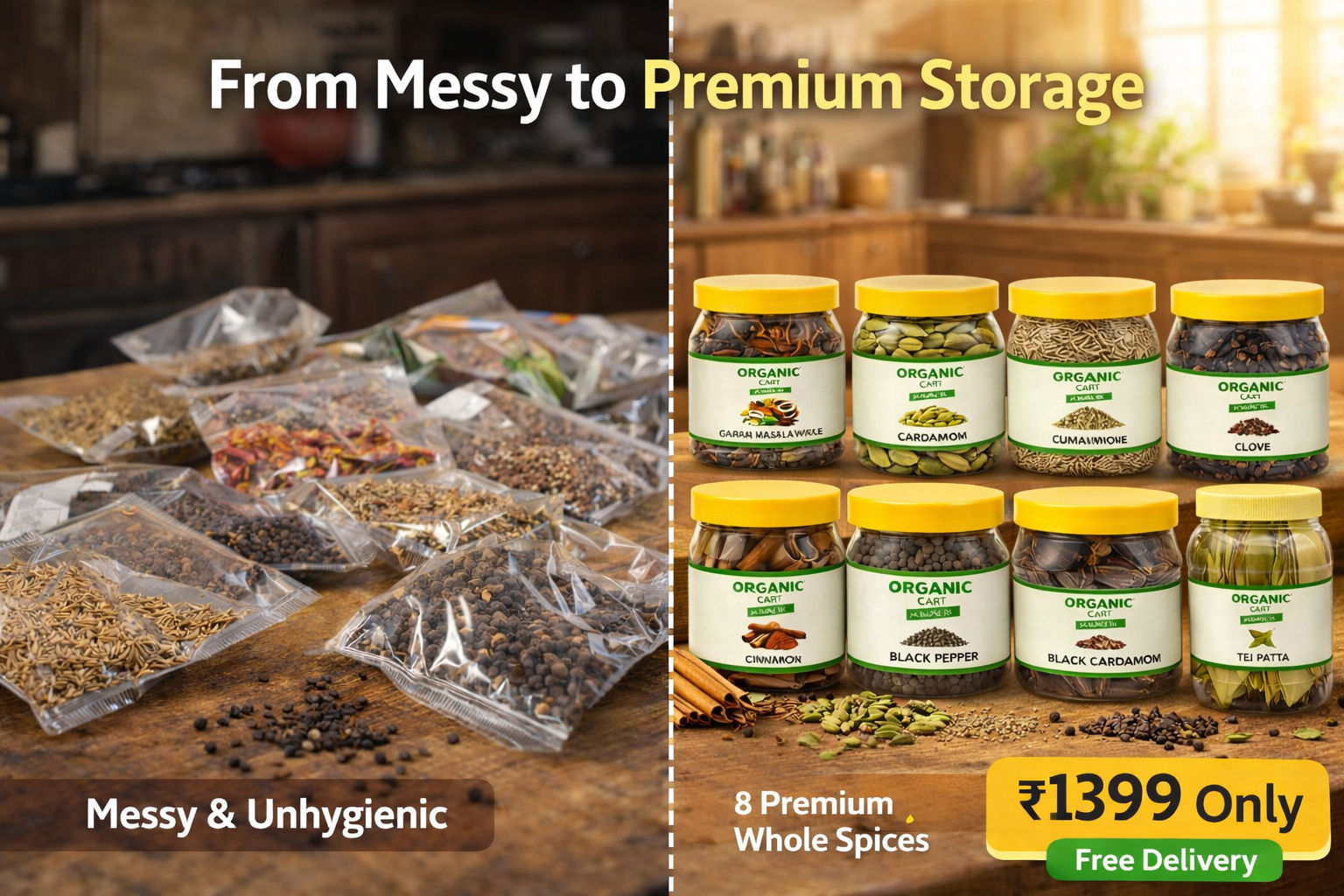 Organic Cart Whole Spice Combo (8 Spices - 700G) – Garam Masala, Cardamom, Cumin, Clove, Cinnamon, Black Pepper, Black Cardamom, Bay Leaf | Premium Whole Spices for Daily Cooking | Value Pack